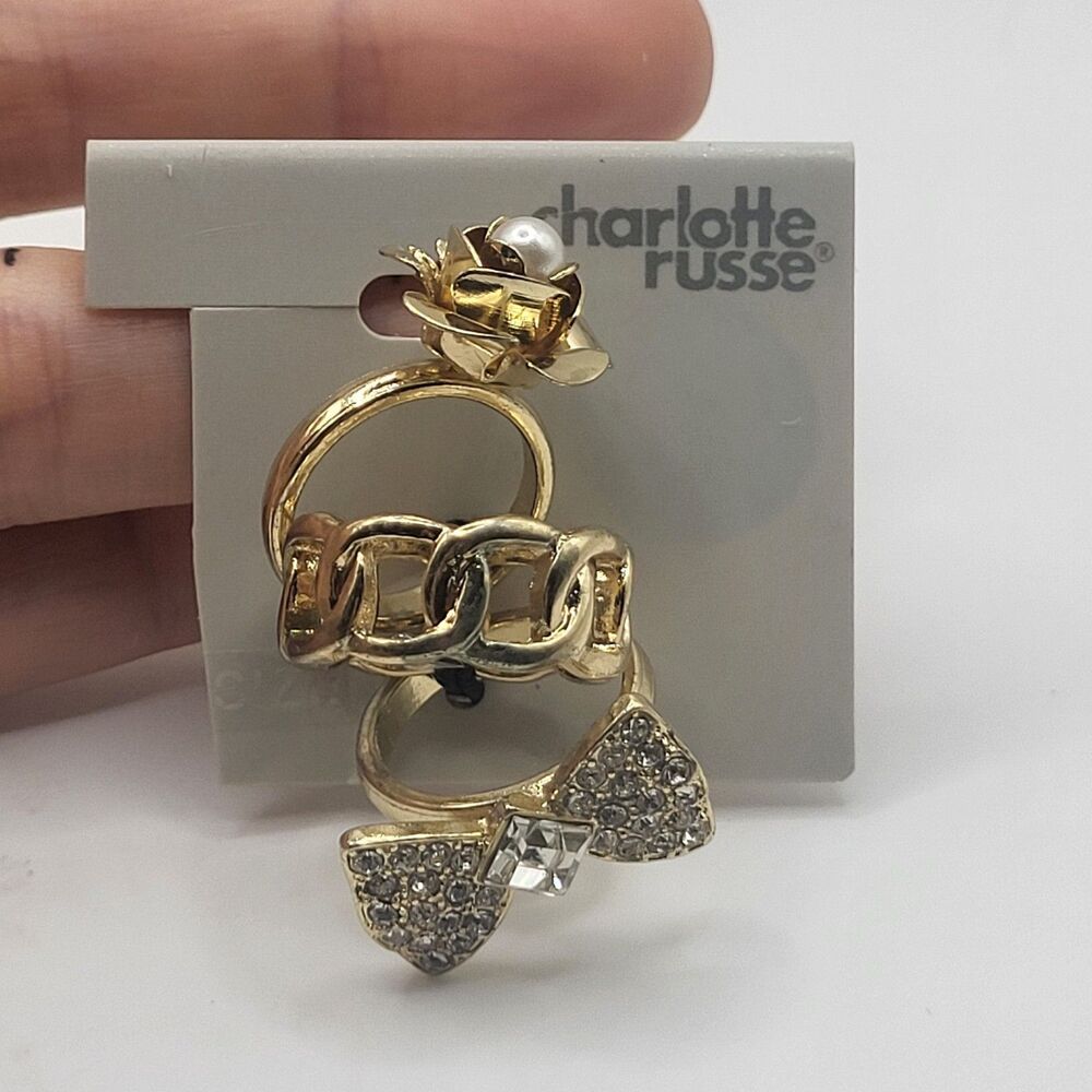 Charlotte Russe Gold Ring Set 3 Pc Rhinestone Bow Chain Rose Flower Statement 5